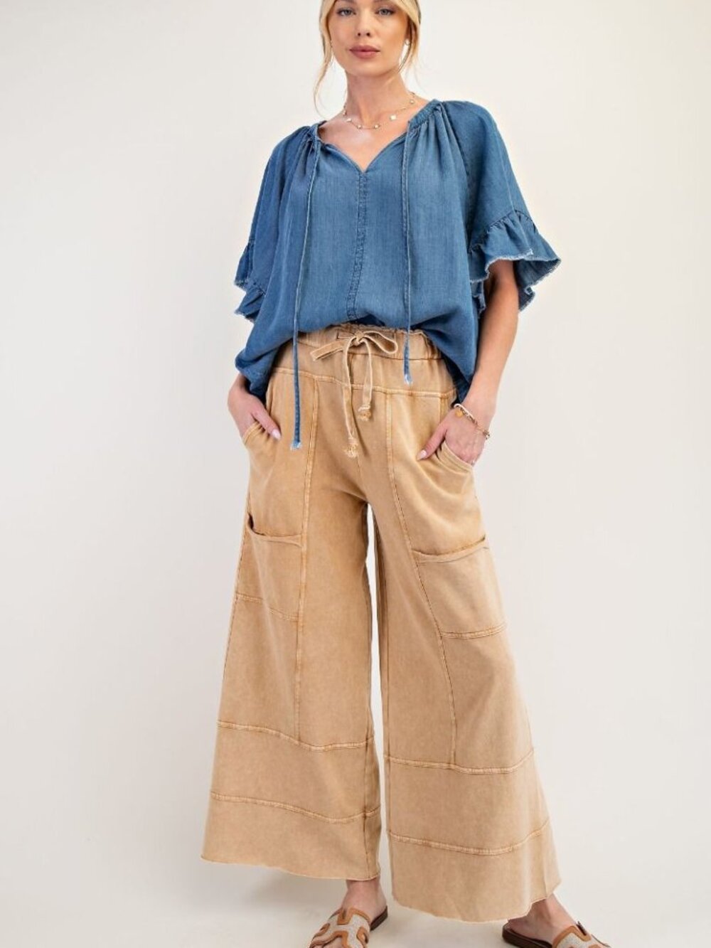 EASEL MINERAL WASHED TERRY KNIT PANTS 100% COTTON